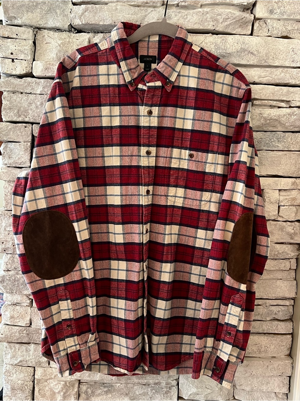 J. Crew Red Plaid Button-Down Shirt with Brown Leather  Elbow Patches